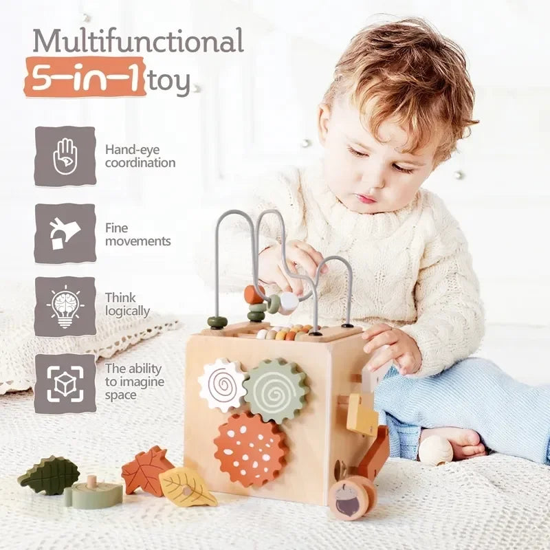 5 in 1 Wooden Busy Cube – Montessori Activity Toy