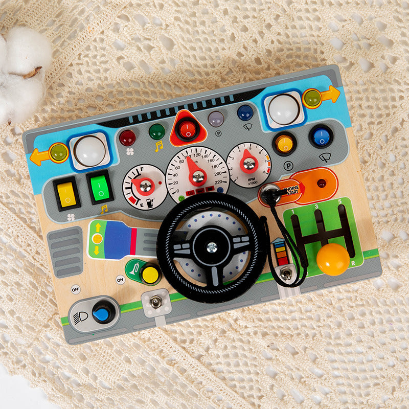 Educational wooden busy board with steering wheel and activities