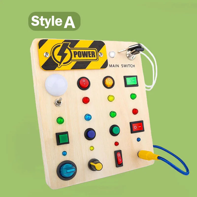 Child-safe wooden busy board for independent screen-free play