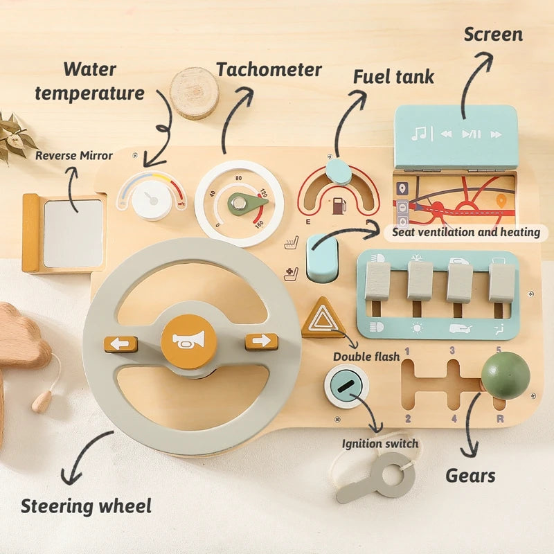 Child-safe Montessori steering wheel made from wood