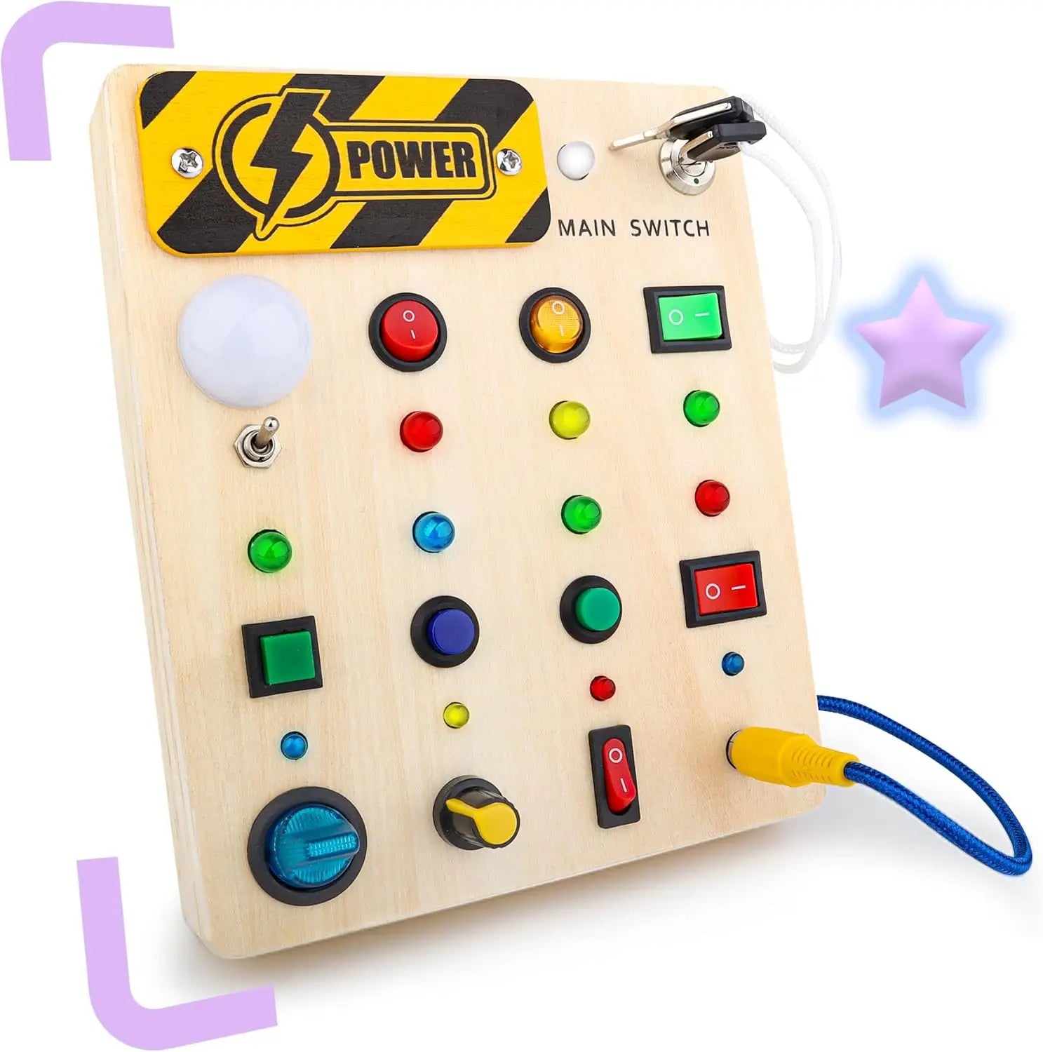 Educational wooden busy board with interactive switches and latches