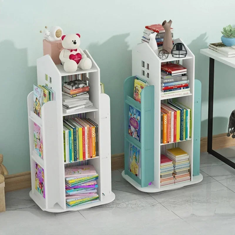 Wooden rotating bookshelf for kids' bedrooms and playrooms