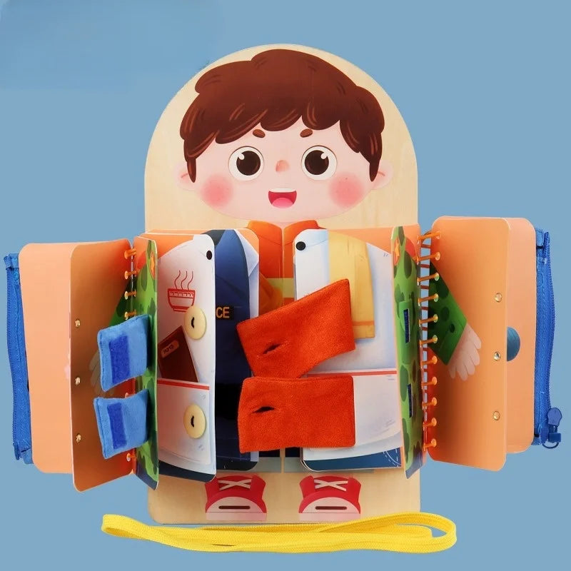 Educational wooden busy board for fine motor skills
