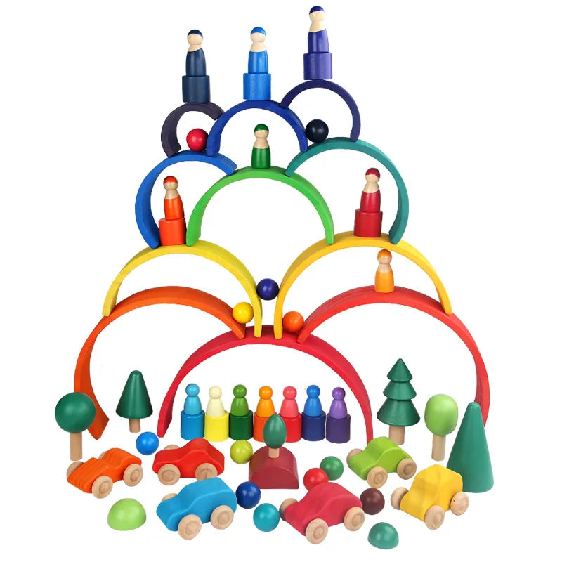 Colourful wooden rainbow stacking toy for toddlers