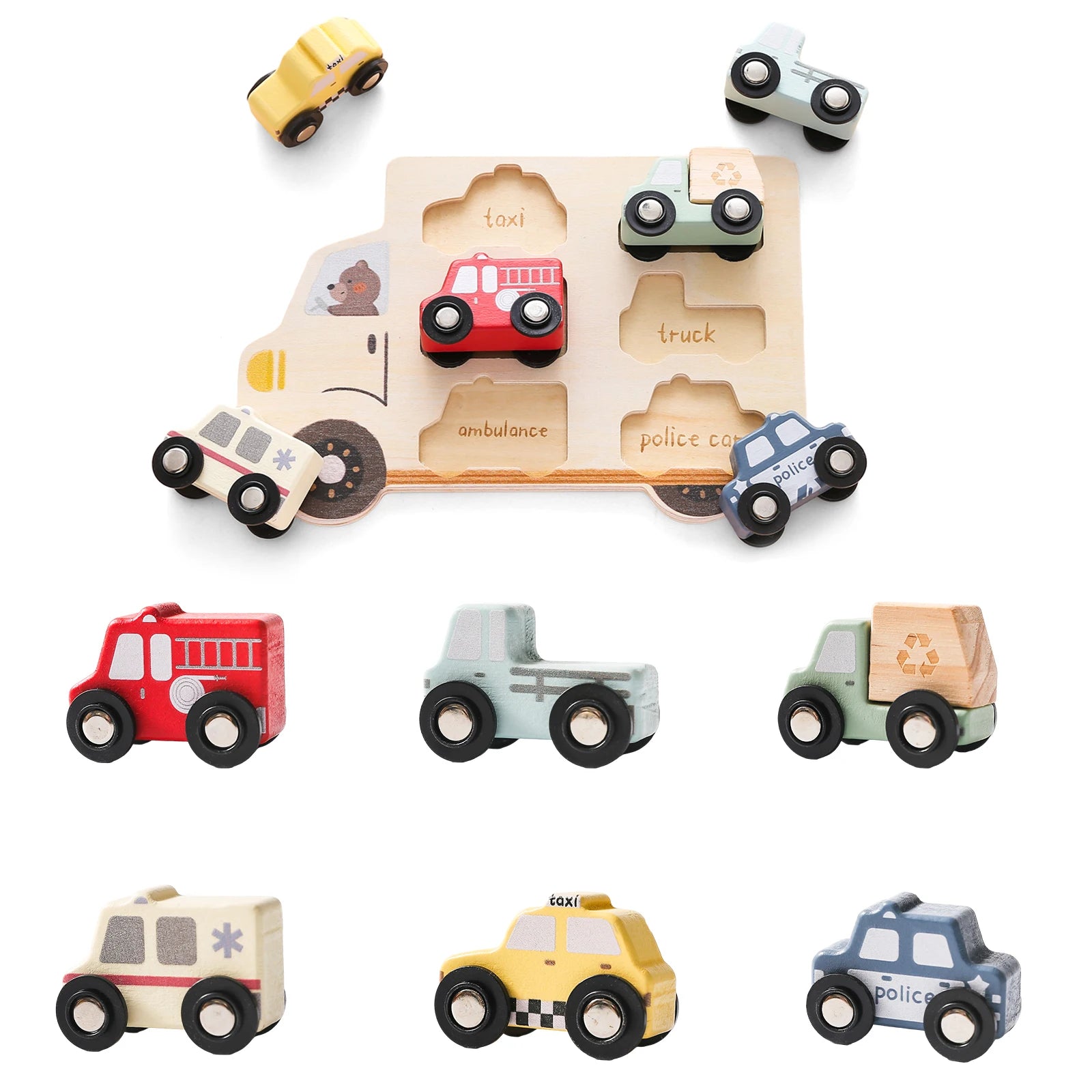 Wooden Vehicle Puzzle & Play Set – Learn, Match & Imagine