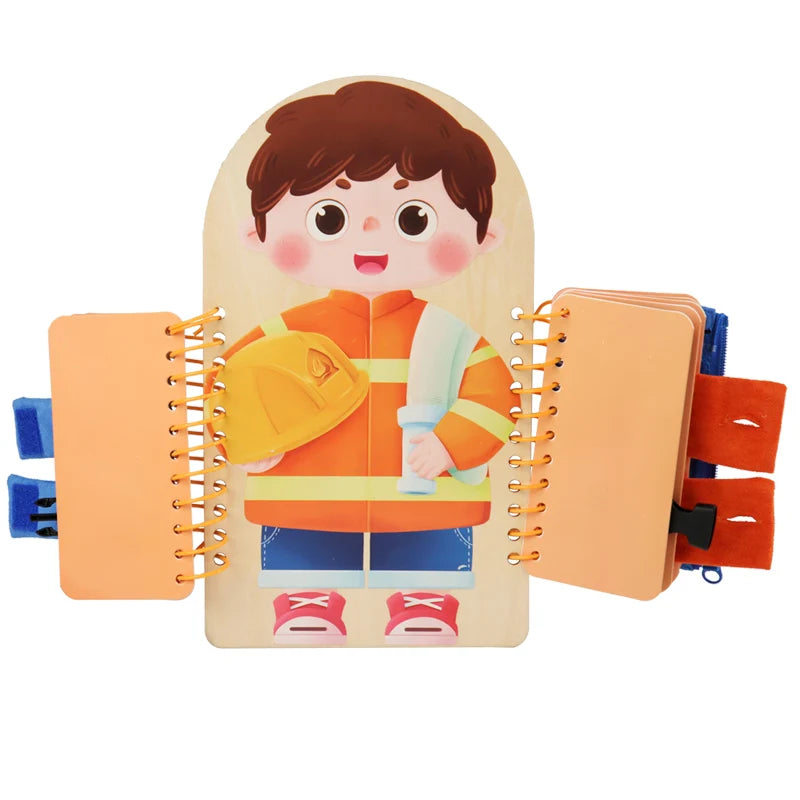 Child-safe wooden dressing activity board for preschoolers