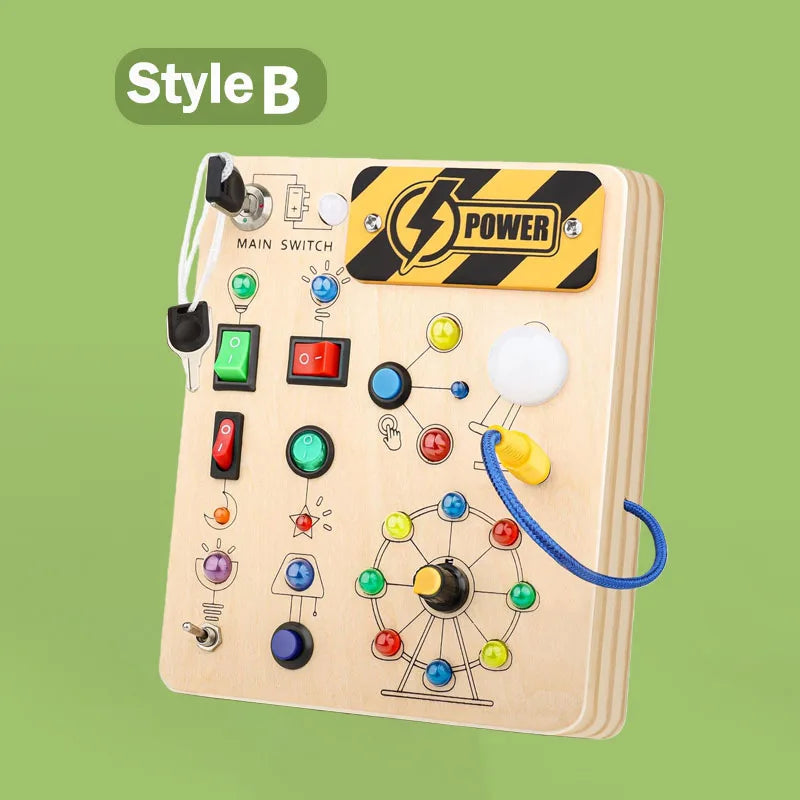 Wooden learning board with switches, locks, and sensory activities for kids