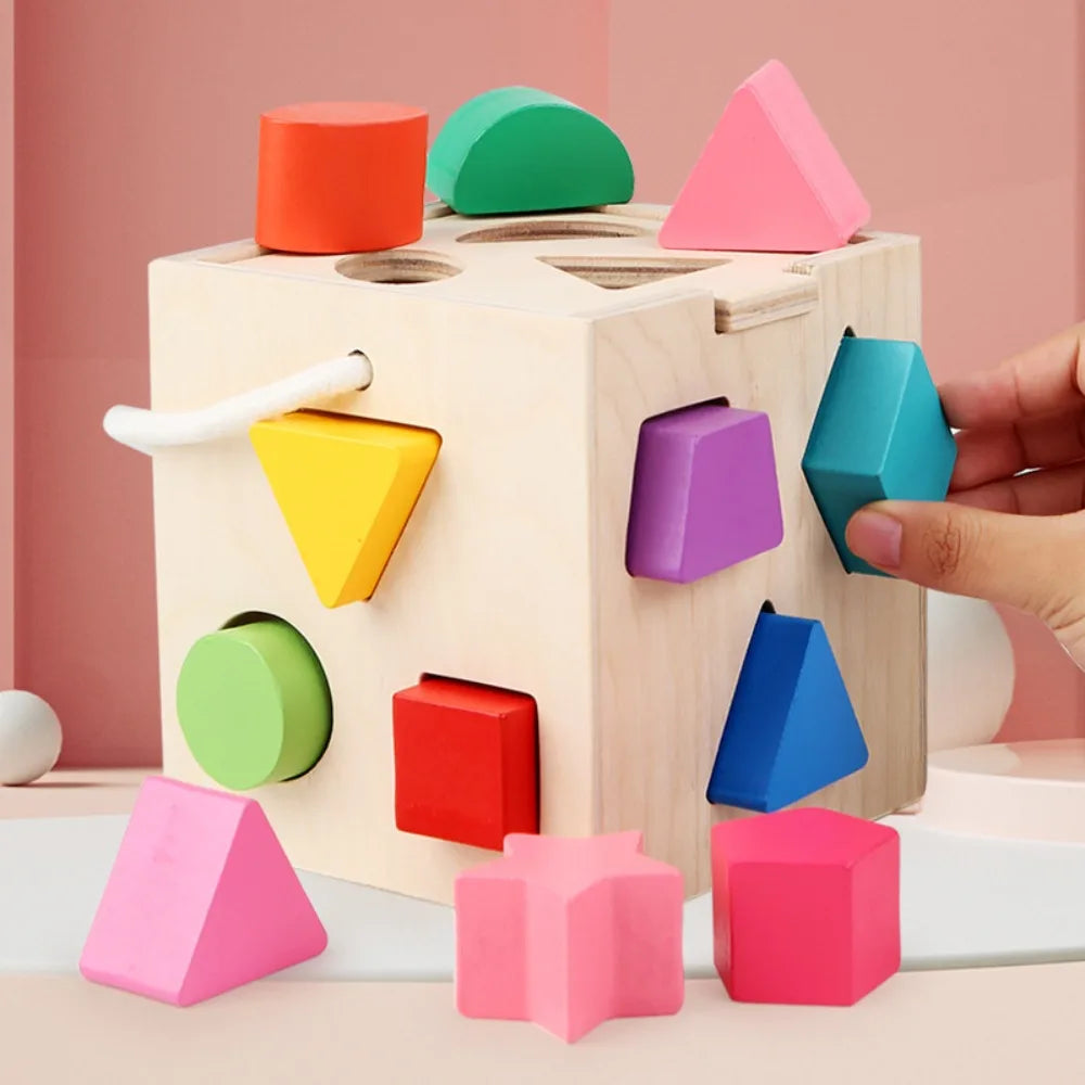 Montessori wooden sorting box with geometric shapes