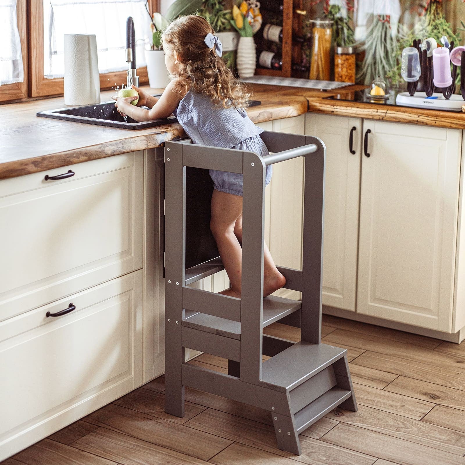 MeowBaby Wooden Kitchen Helper for Children with Board - Dark Grey